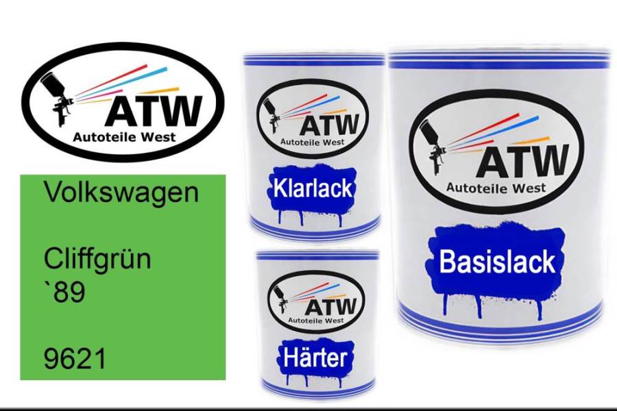 Volkswagen, Cliffgrün `89, 9621: 1L Lackdose + 1L Klarlack + 500ml Härter - Set, von ATW Autoteile West.